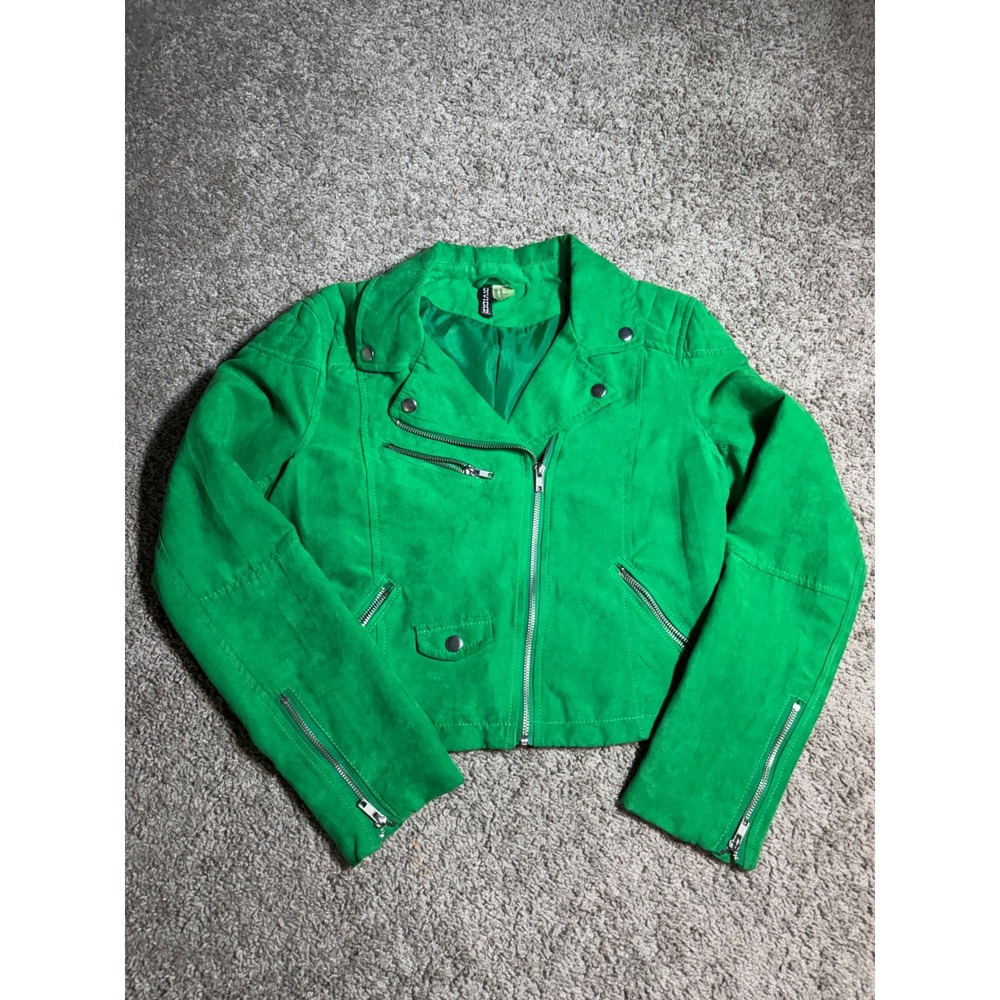 Divided H&M Womens Green Faux Suede Moto Biker Jacket Size 10 Quilted Shoulder